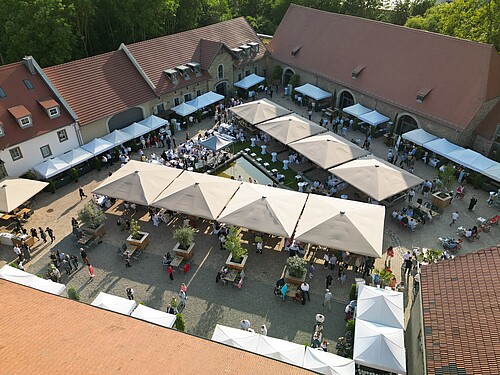 Viele Gäste im großen Außenbereich der Eventlocation Gut Wöllried Würzburg bei einem sommerlichen Firmenevent