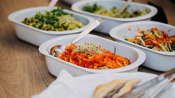 Sommerliche vegetarische Salate, mit Sprossen verziert, als Salatbuffet bei einem Firmenevent der Eventlocation Gut Wöllried